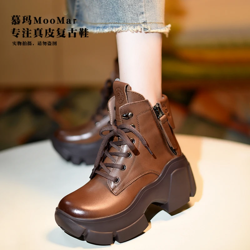 【慕玛】头层牛皮厚底小个子拉链高跟时尚复古真皮短靴复古鞋68289