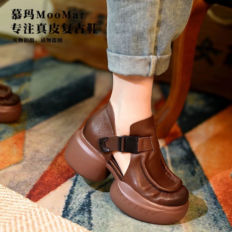 【断码清完】头层牛皮单鞋黑色凉鞋厚底手工包头复古2356