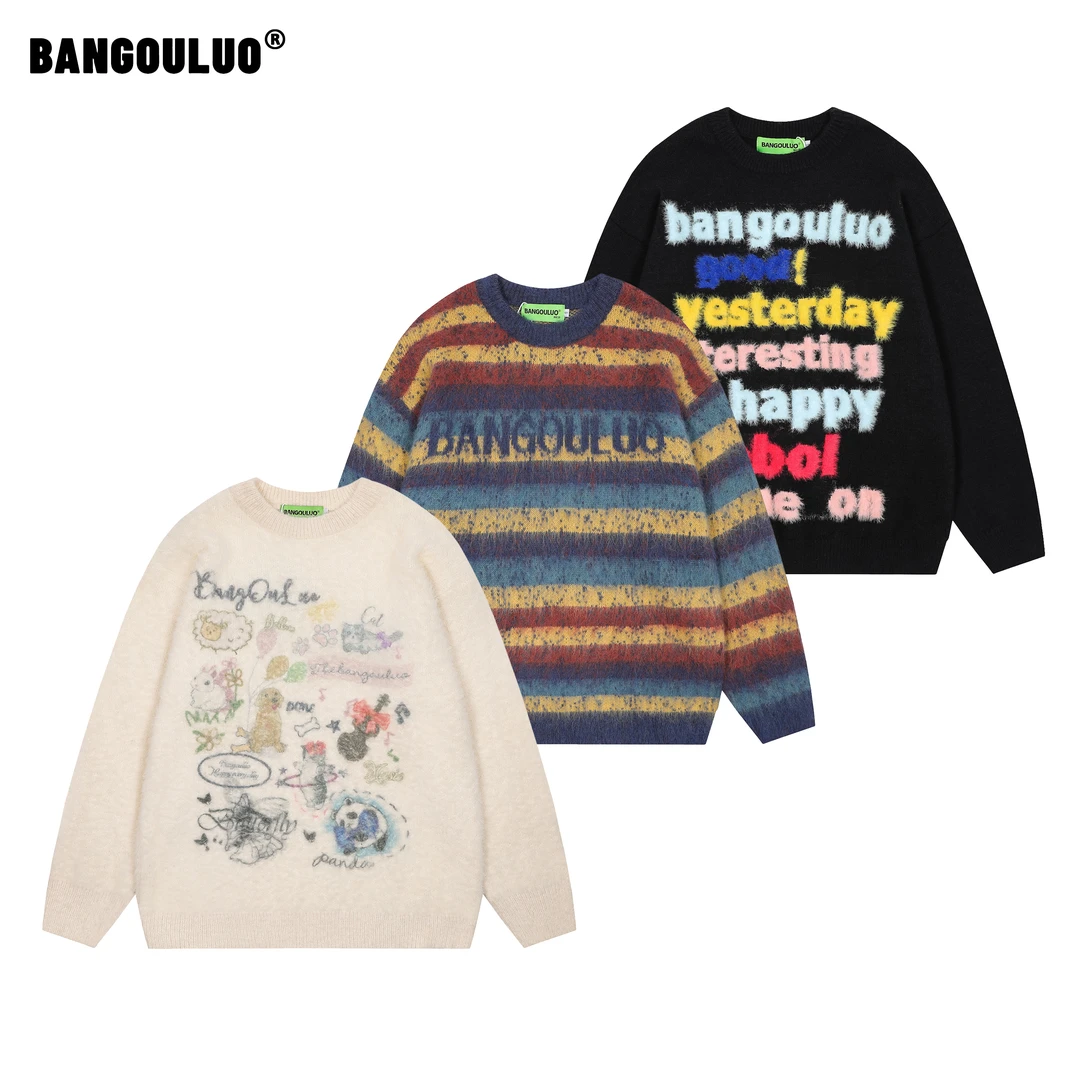 邦欧罗甜美手绘风图案圆领毛衣百搭新款条纹秋冬针织衫vs情侣上衣