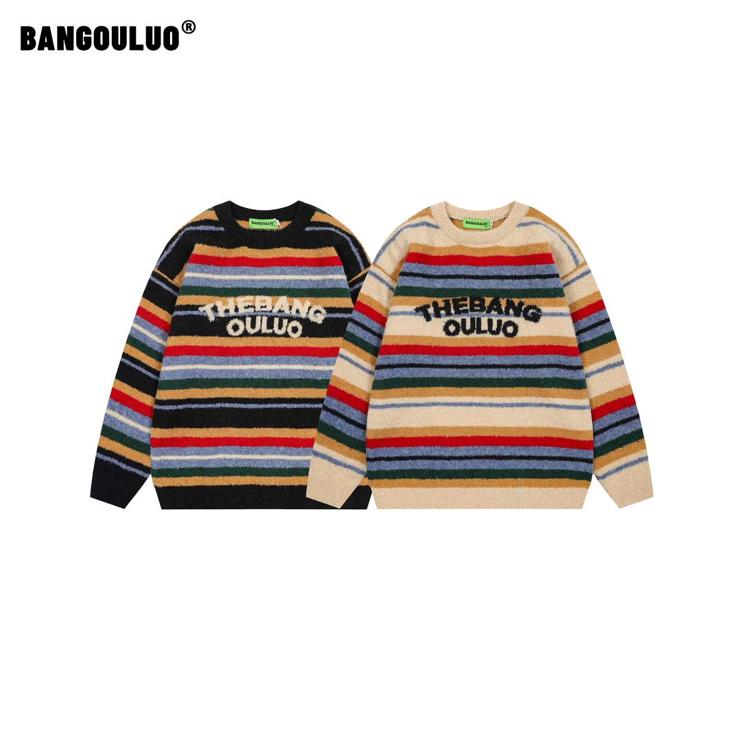 邦欧罗美式复古条纹字母设计感圆领针织衫男女百搭潮情侣长袖毛衣