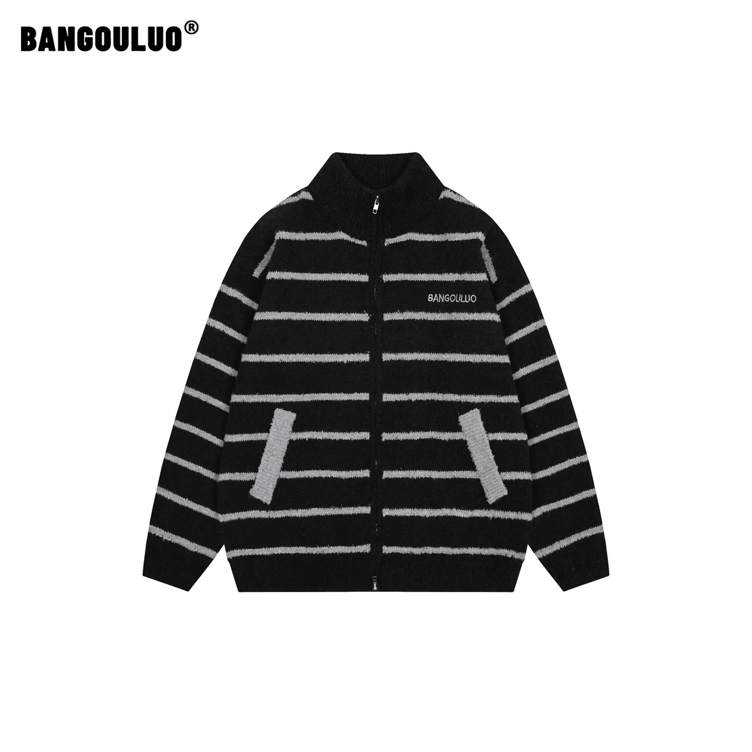 邦欧罗【TIKOU梯口】美式复古条纹刺绣字母毛衣百搭情侣款撞色休闲