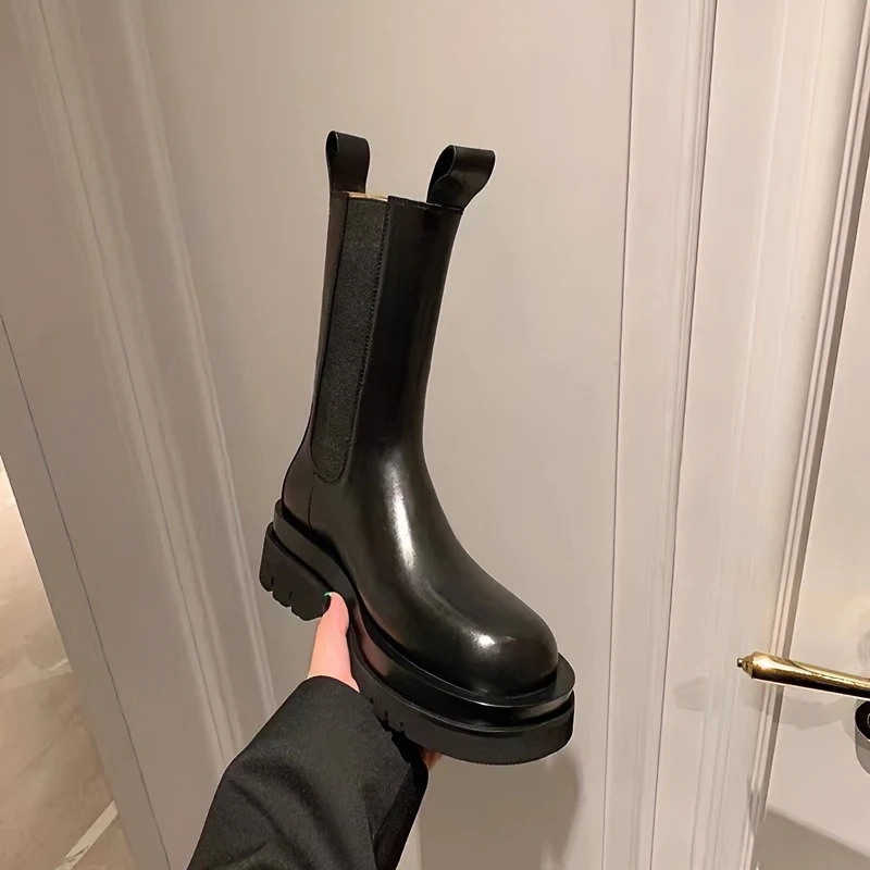 2023新款春秋女中帮中筒厚底切尔西靴粗跟马丁靴英伦风机车烟筒靴