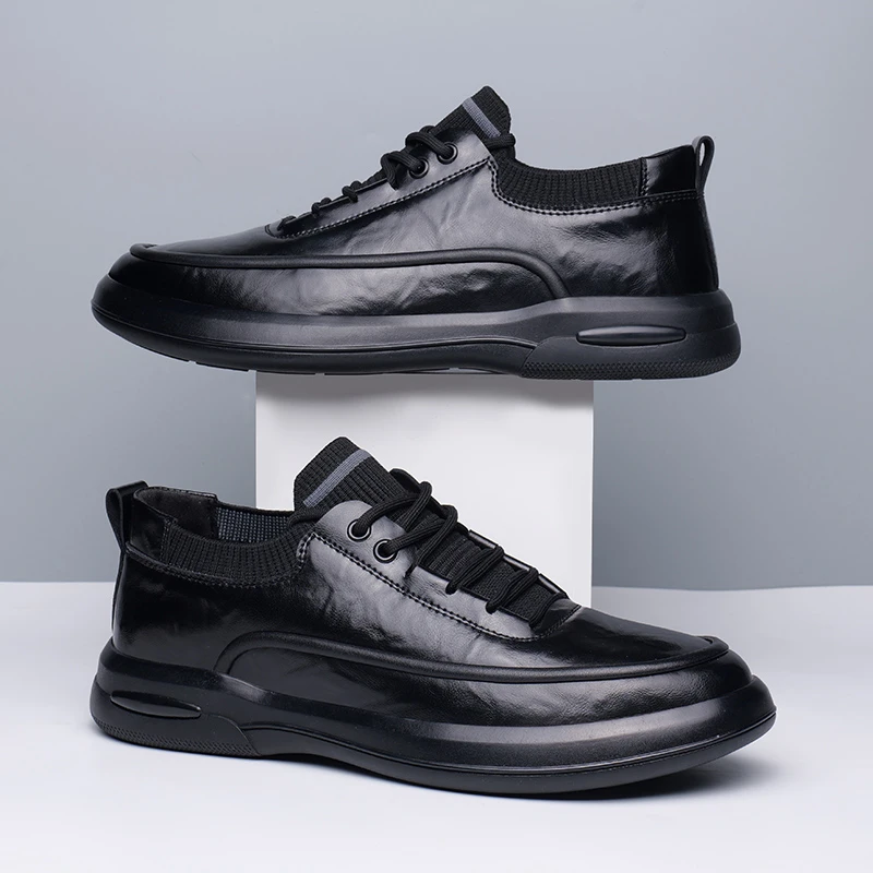 男鞋秋冬季新款透气男士休闲皮鞋舒适百搭时尚软底软面黑色鞋子男
