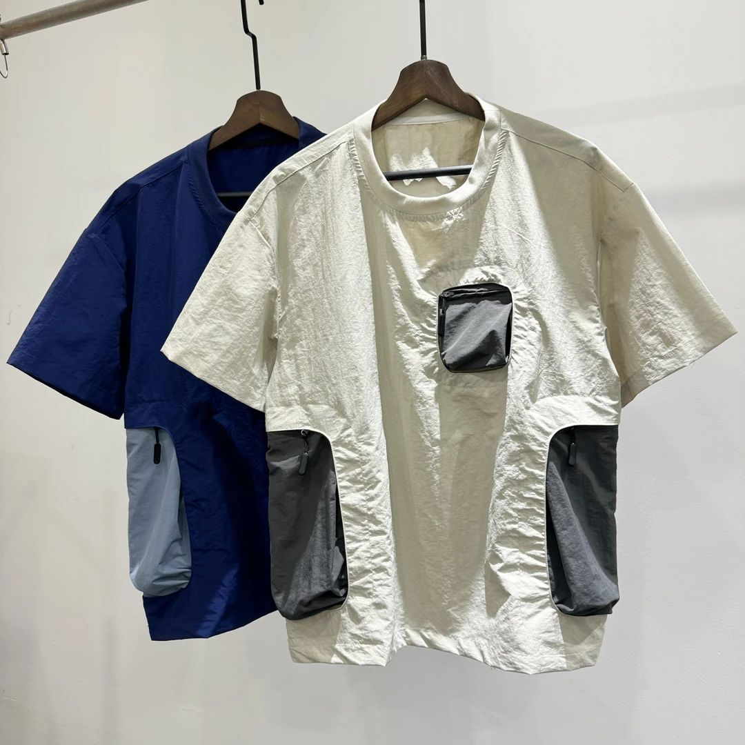 时尚拼接撞色立体大口袋圆领短袖T恤潮牌INS男士夏季宽松百搭上衣