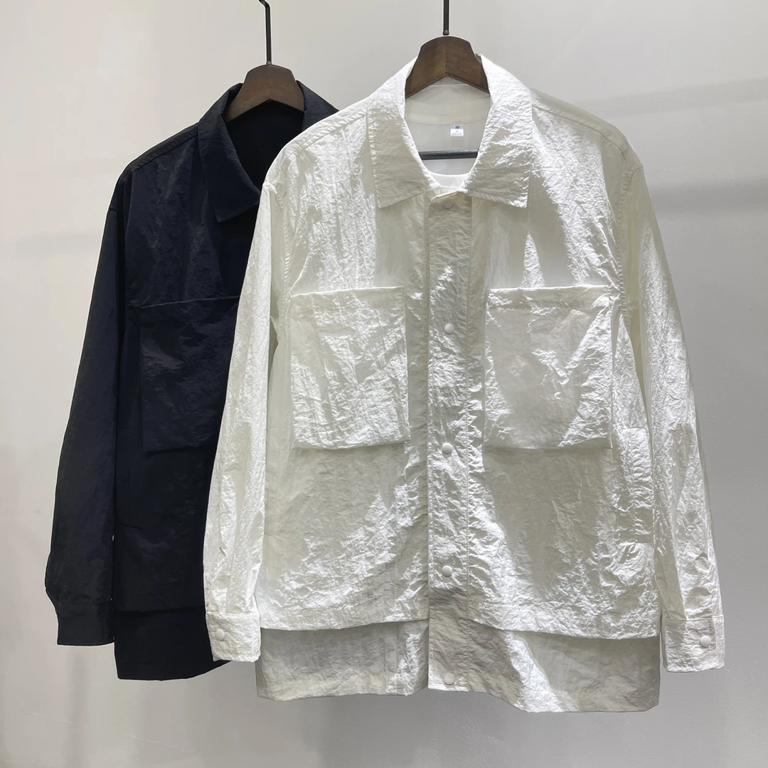 男士秋季高级感褶皱假两件宽松夹克衬衣潮INS新中式休闲百搭外套