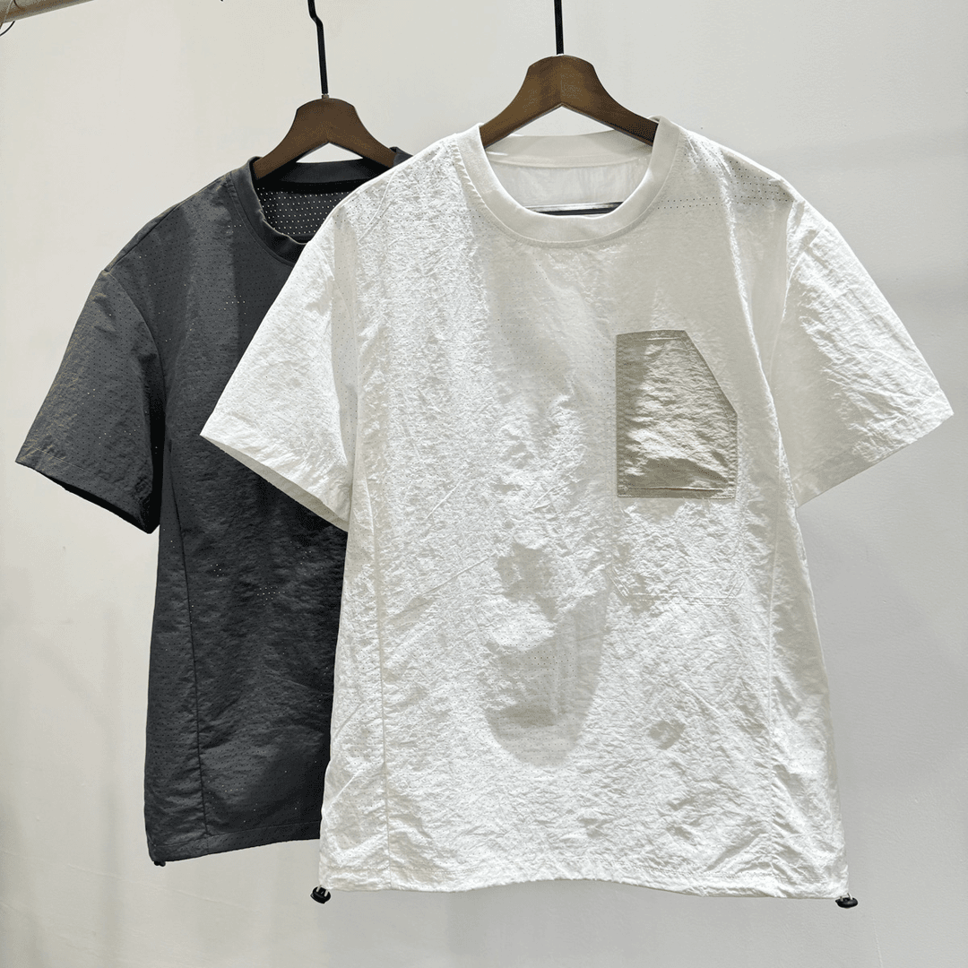 时尚男士百搭镂空透气孔抽绳圆领短袖T恤潮牌INS夏季休闲宽松体恤