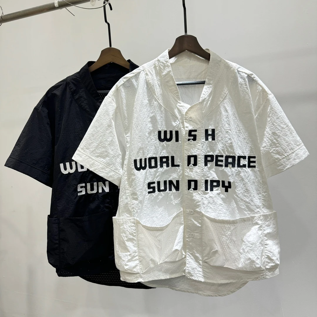 男士简约多口袋字母透气孔短袖衬衣夏季潮牌港风宽松工装衬衫上衣