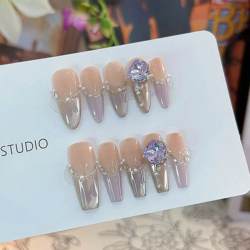 【蝶蝶紫】纯手工穿戴甲纯欲气质指尖渐变淡雅高级指甲贴冰透