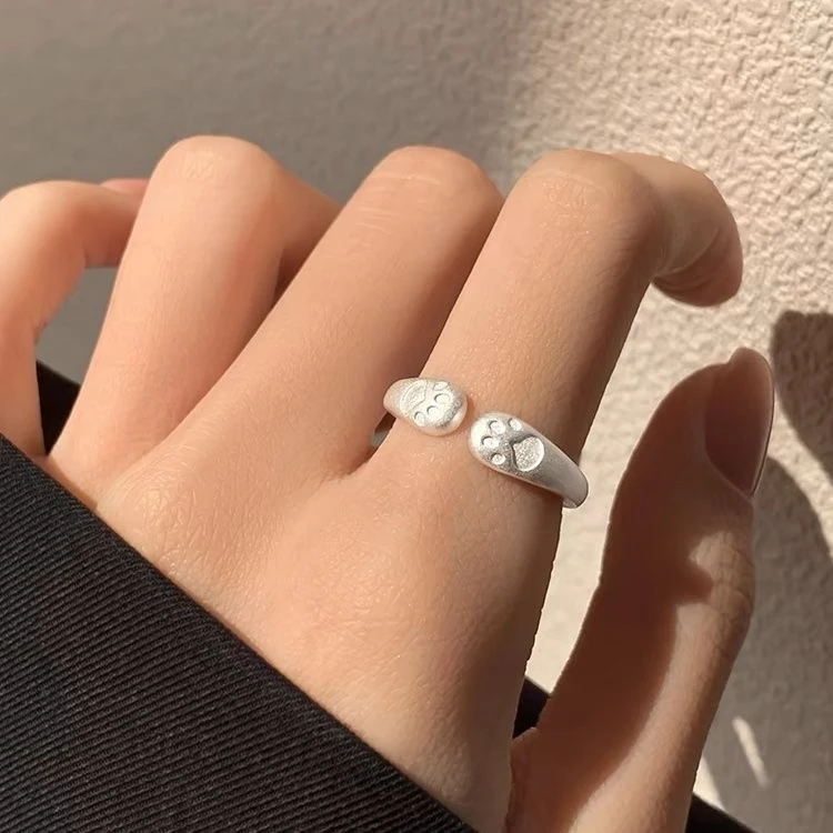 足银戒指 纯银999猫爪戒指女小众卡通足银素圈戒指礼物送女友刻字