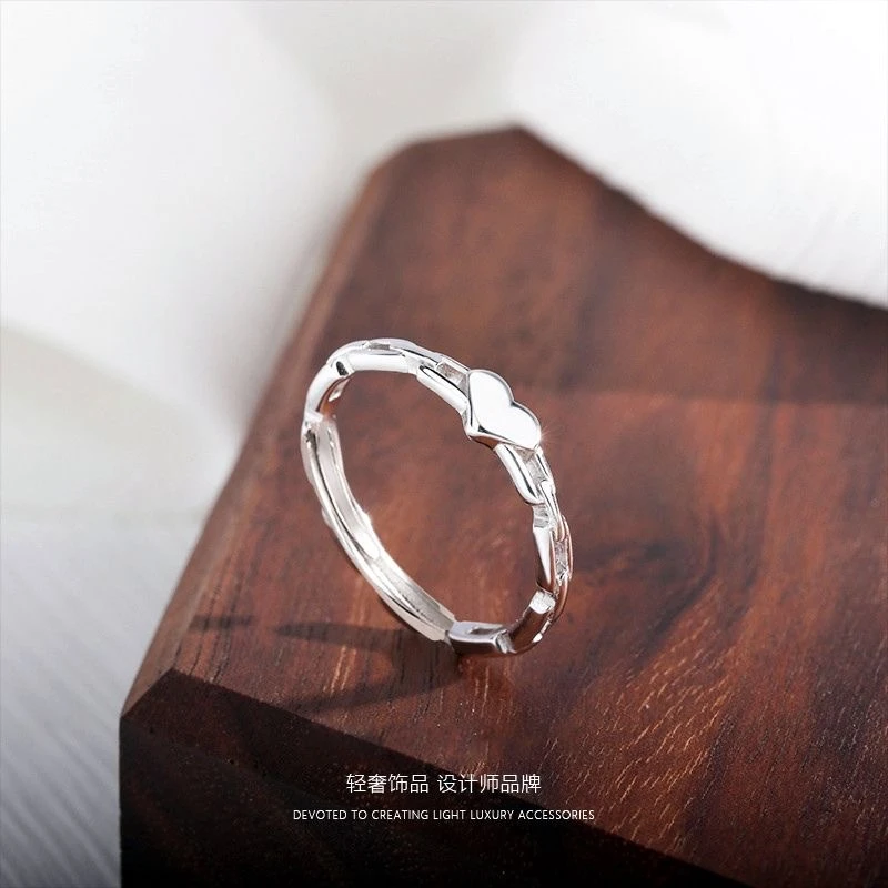 足银戒指 999纯银爱心戒指女小众设计镂空链条食指戒送情人节礼物