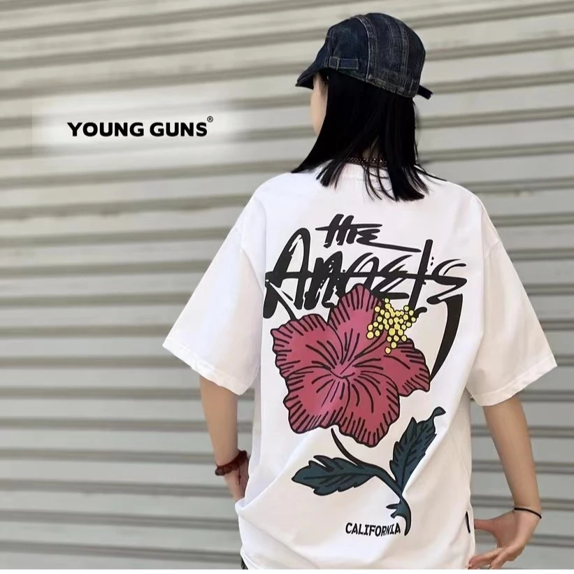 Young Guns手绘扶桑花270克重磅男女百搭嘻哈短袖潮流印花T恤A877
