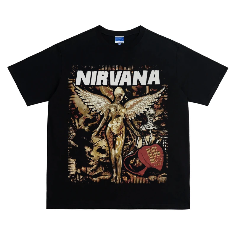 Nirvana IN UTERO黑色天使涅槃美式复古重磅摇滚金属短袖印花T恤