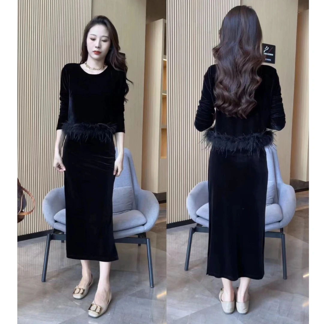 【大雅之堂】2023新款韩版气质丝绒拼接毛毛边高腰半身裙两件套装
