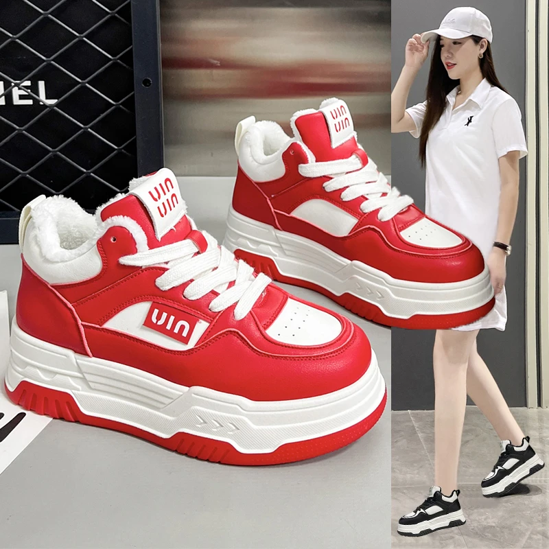 拼色高帮鞋加绒2023秋冬秋季运动潮鞋新款厚底高帮厚底小白鞋百搭