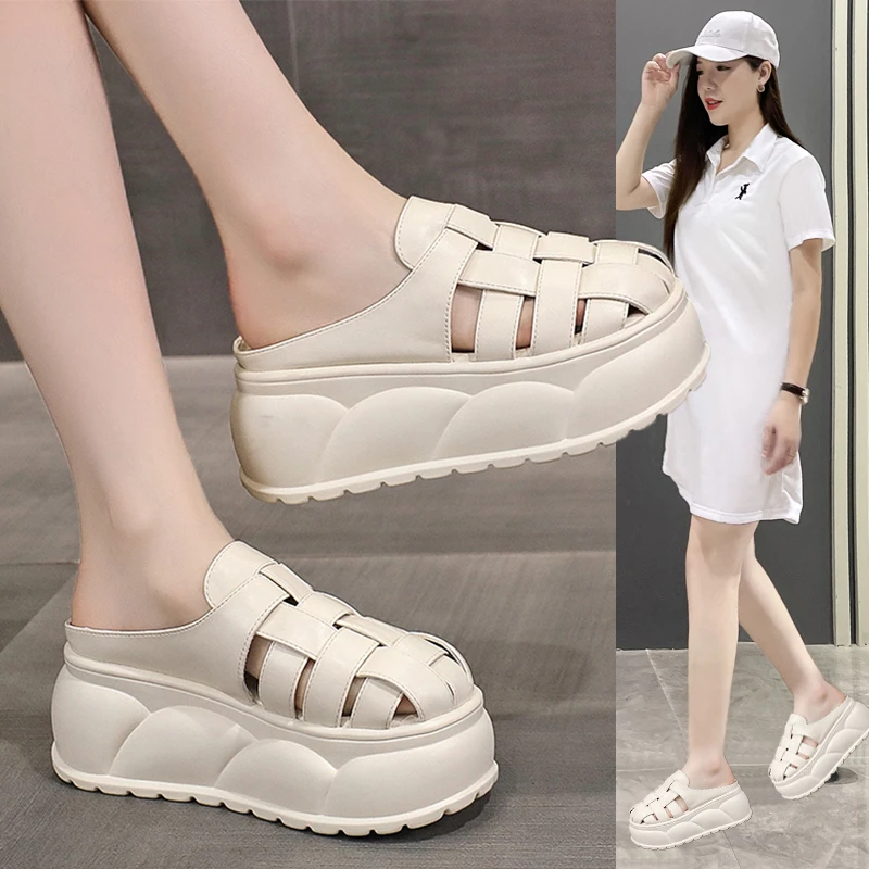 包头百搭半拖鞋女外穿2025夏新款镂空凉拖鞋厚底正版厚底拖鞋女