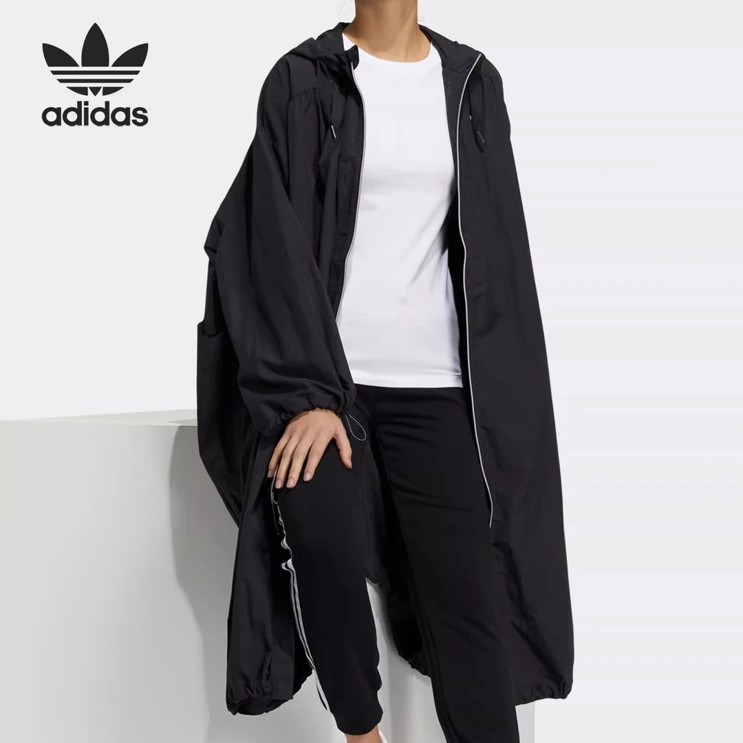 Adidas阿迪达斯正品三叶草连帽外套2023长款防风运动夹克女H39031