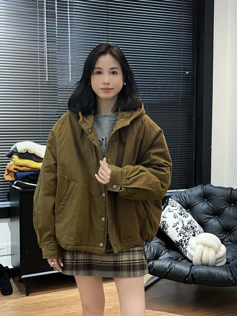 【Si&华严选】韩版百搭简约连帽大版洗水棉布棉服时尚休闲外套36659