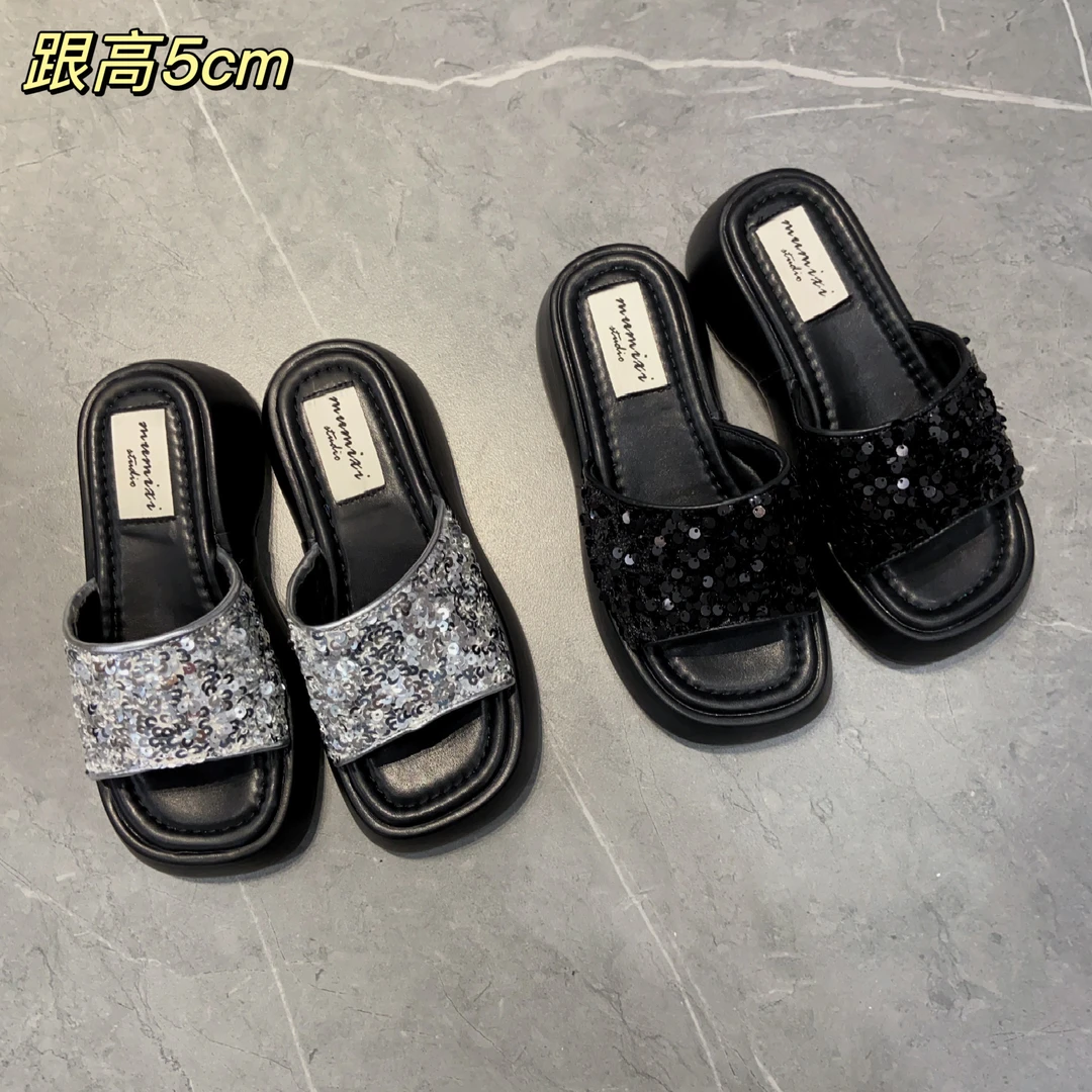 【Si&华严选】厚底时尚凉拖鞋外穿仙女风亮片小香风一字拖A326-1