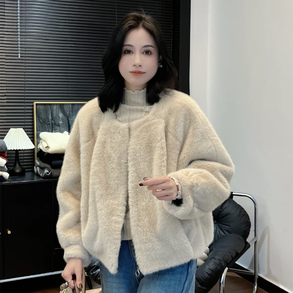 【Si&华严选】秋冬时尚百搭短款圆领皮毛一体环保皮草毛毛外套2472