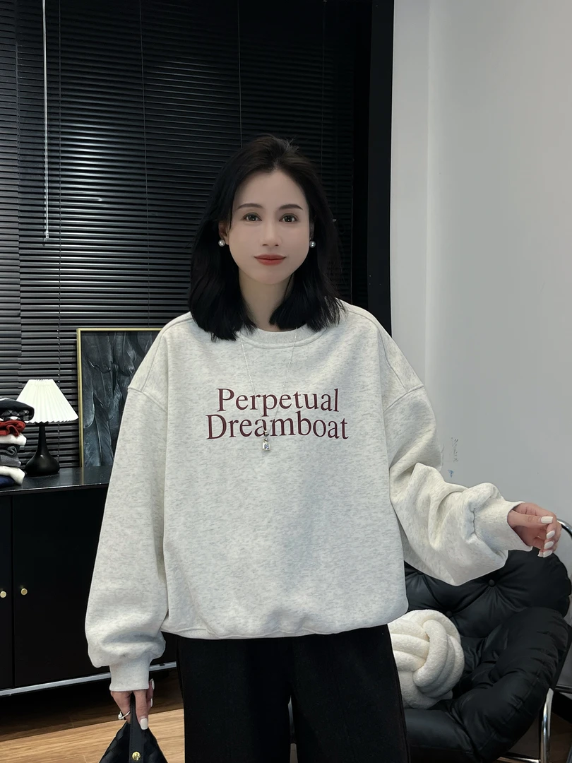 【Si&华严选】韩版时尚加绒婴儿绒字母印花卫衣宽松显瘦上衣9718