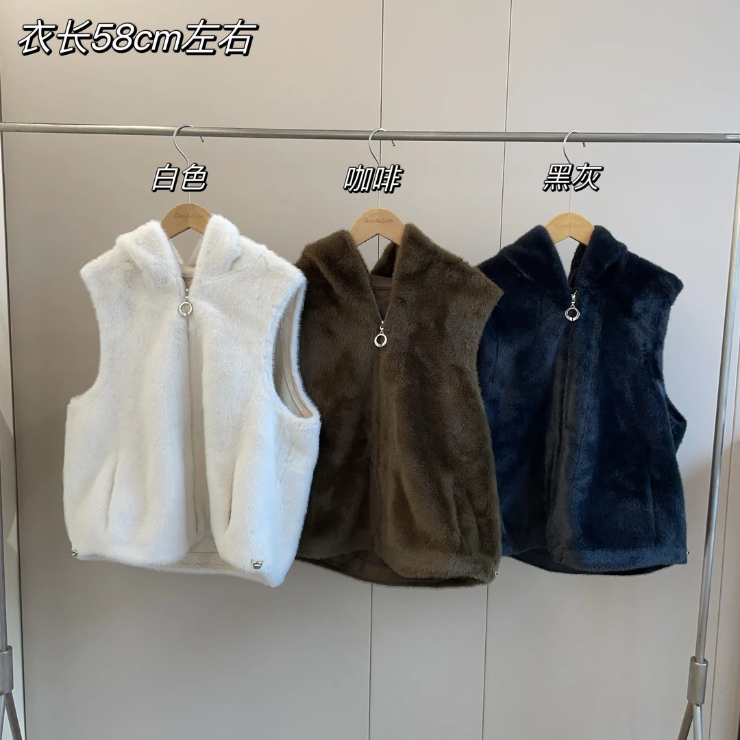 【Si&华严选】秋冬季休闲加厚连帽马甲背心皮毛一体马夹上衣L903