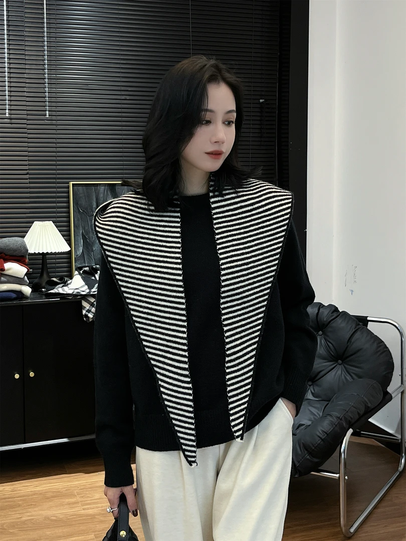 【Si&华严选】复古气质时尚休闲套头毛针织衫慵懒披肩百搭毛衣80062