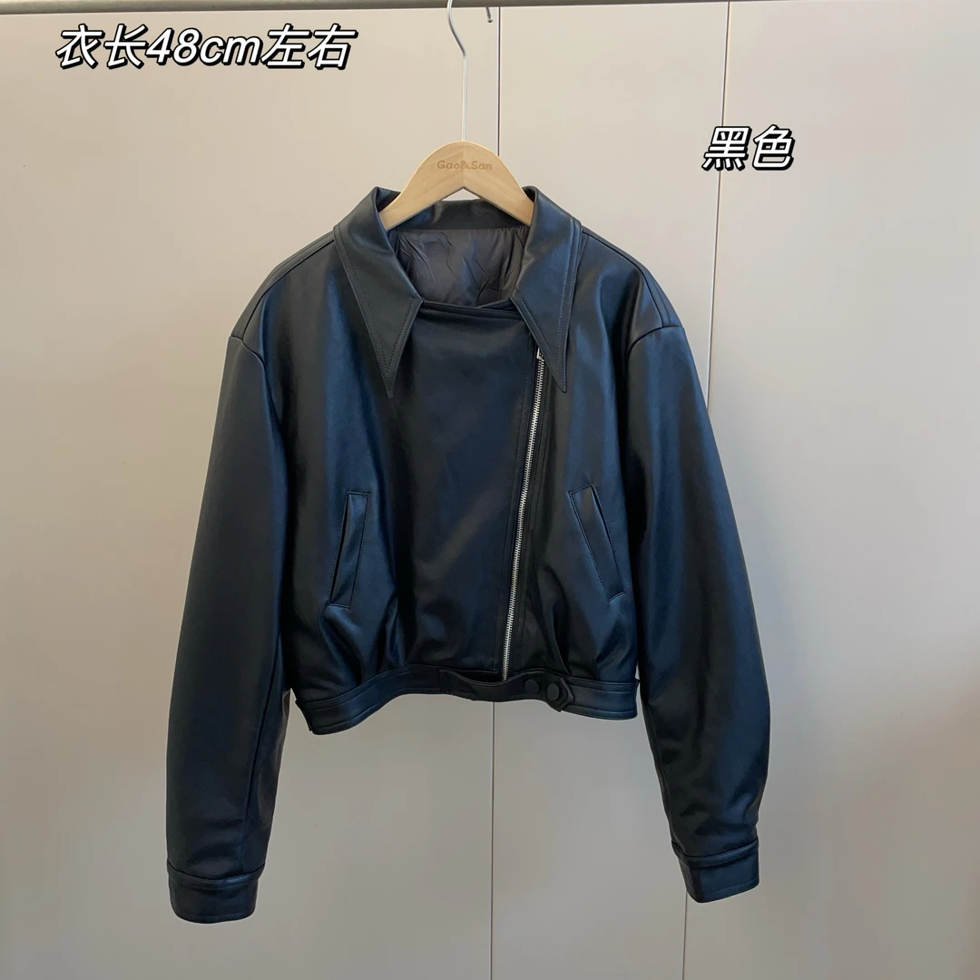 【Si&华严选】黑色加厚夹绒夹克短款拉链美式复古小个子皮衣外套088