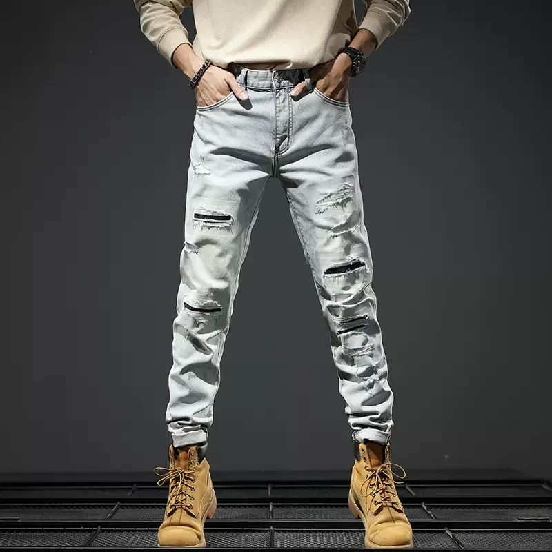 JJ高端春夏季牛仔裤男士修身小脚时尚破洞补丁休闲裤子潮流H24