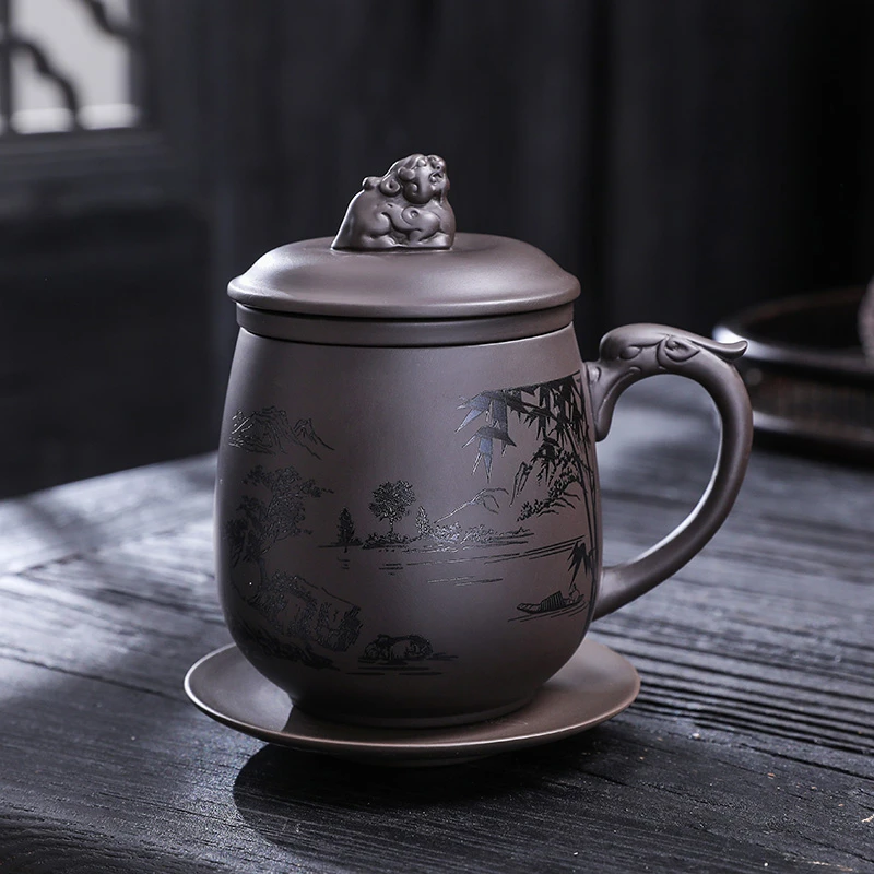 紫砂办公茶杯大容量刻字定制泡茶水杯家用带过滤内胆陶瓷个人杯子