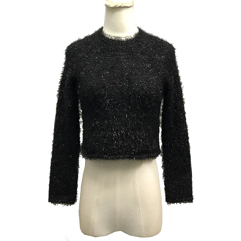 2024新款女装秋冬季小众设计感弹力修身圆领时尚亮丝短款洋气上衣