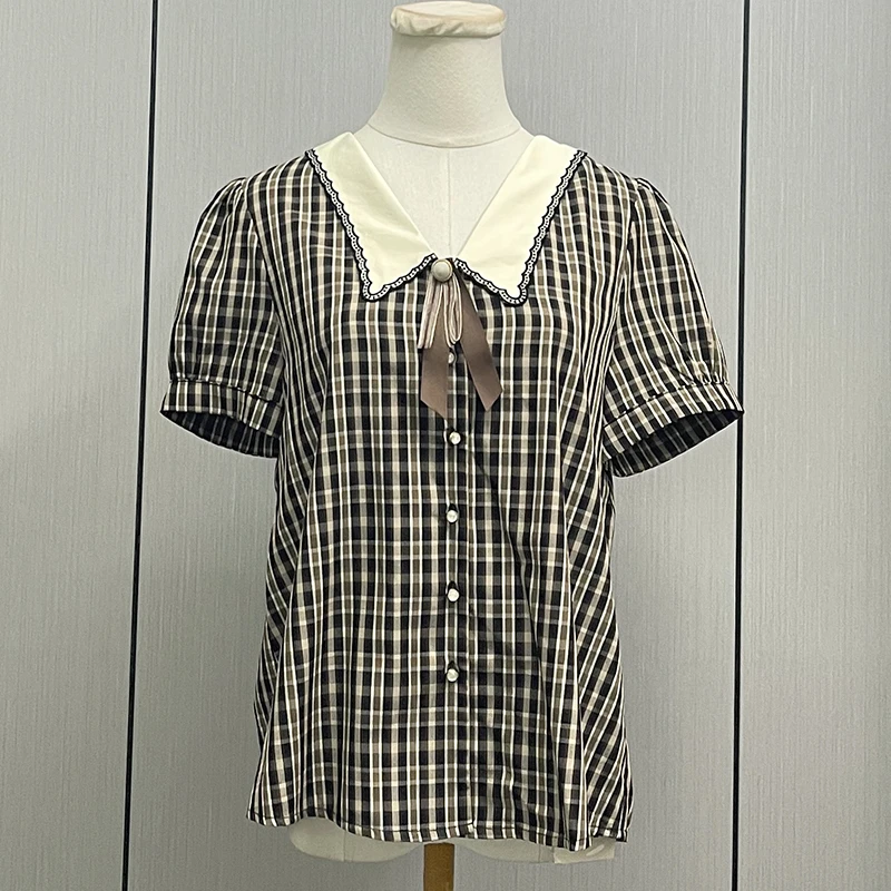 2024新款女装夏季大码宽松微胖MM学院风减龄复古格纹单排扣衬衣