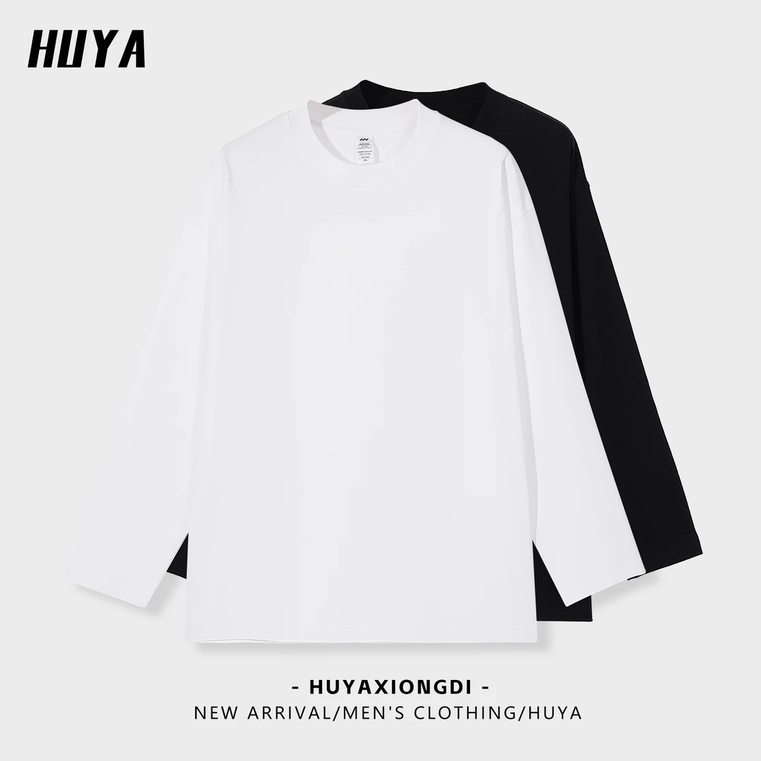 虎牙兄弟秋冬新款纯色款休闲全棉时尚户外情侣圆领长袖T恤男2525