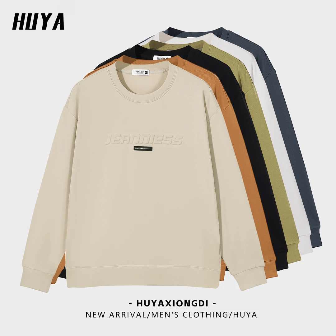HUYA秋季圆领字母斜纹德绒印花休闲T恤通勤男士长袖卫衣JS6505