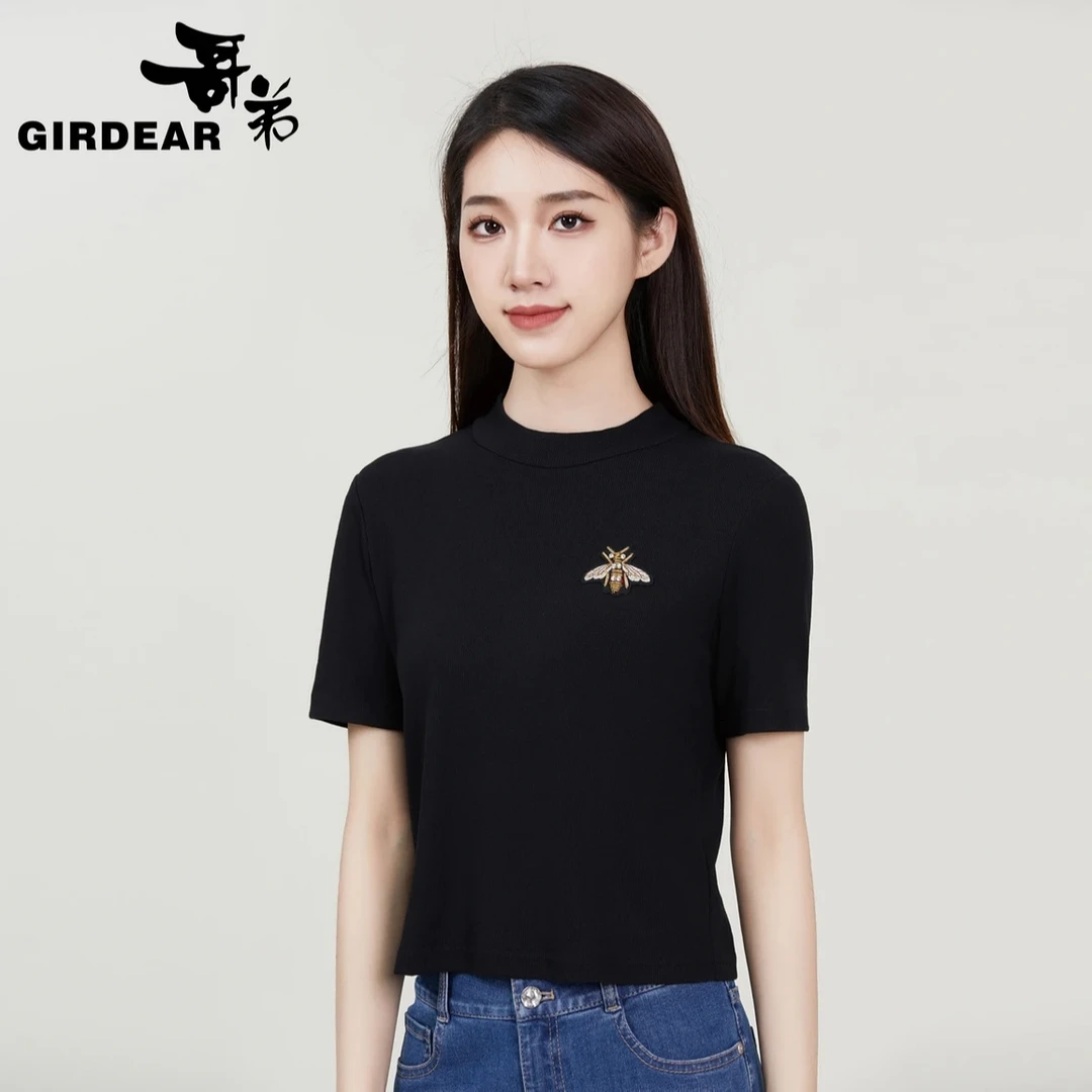GIRDEAR/哥弟新款时尚简约套头百搭休闲修身黑色小蜜蜂T恤1300360