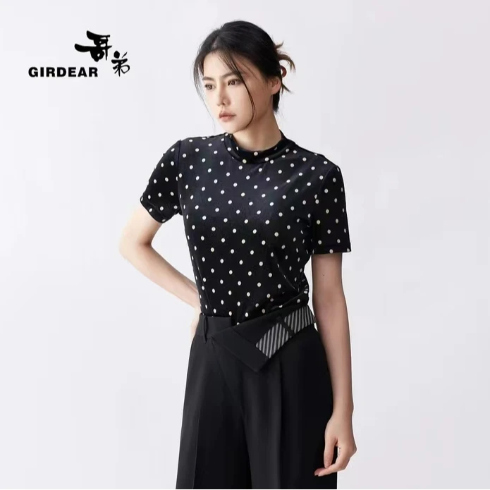 GIRDEAR/哥弟新款气质百搭丝绒短袖1300606405法女成熟上衣