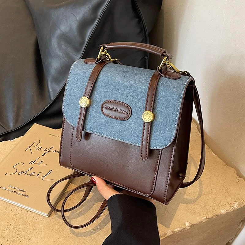 时尚复古小众双肩背包休闲百搭质感拼色气质女士秋冬小包包潮流