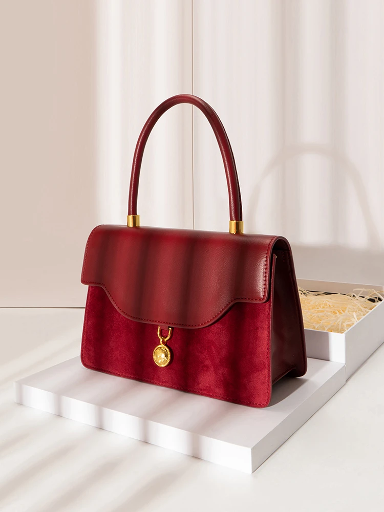 婚包红色复古丝绒拼接手提包轻奢质感红色网红气质女士手提单肩包