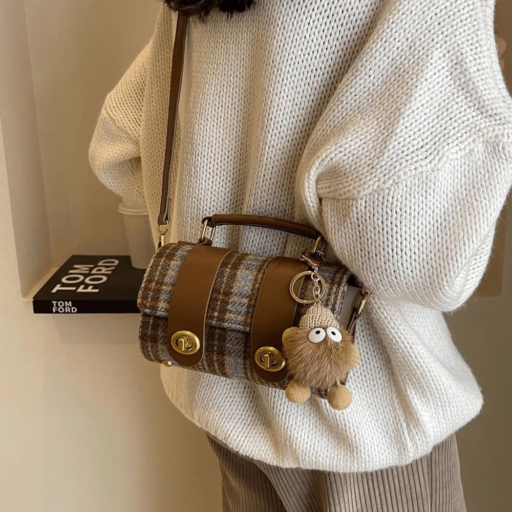 韩版撞色毛呢手提小包包2023新款秋冬时尚百搭小方包高级感单肩包