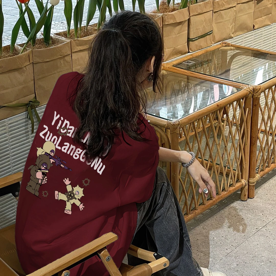 佐朗格奴/220克纯棉美式高街上衣夏季潮流酒红色显白学院风半袖女