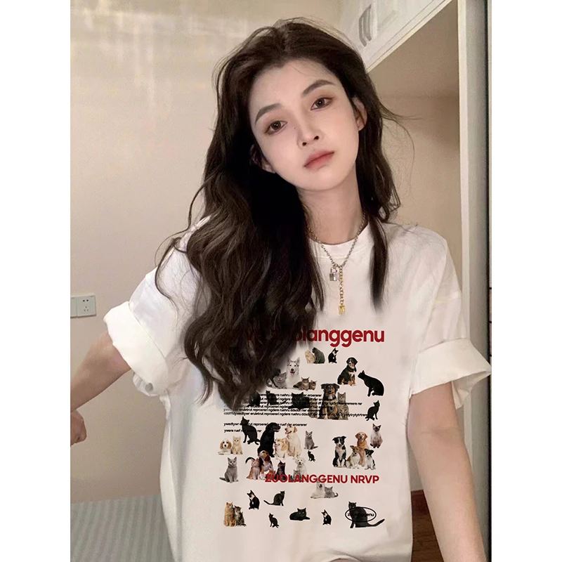 佐朗格奴/纯棉220克减龄T恤衫动物印花ins白色复古港风短袖女上衣