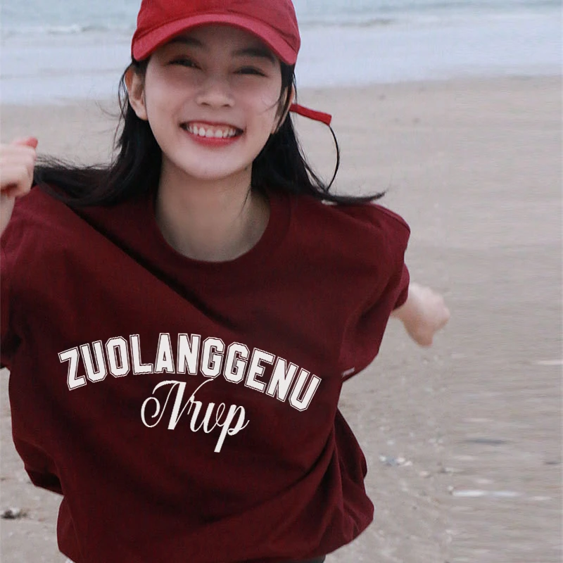 佐朗格奴/220克纯棉酒红色上衣简约字母印花T恤女休闲港风ins短袖