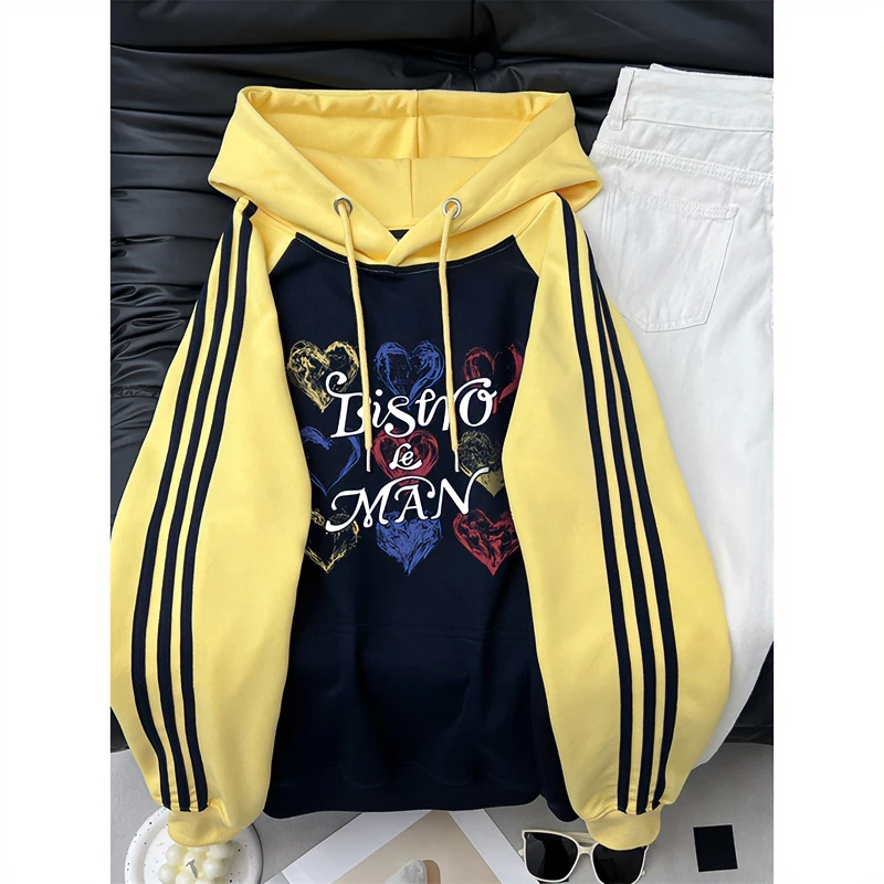 佐朗格奴潮酷插肩连帽卫衣女三杠撞色时尚宽松长袖学院风情侣上衣