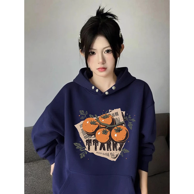 佐朗格奴纽扣设计重磅加厚连帽卫衣女复古藏青色显白帽衫百搭长袖