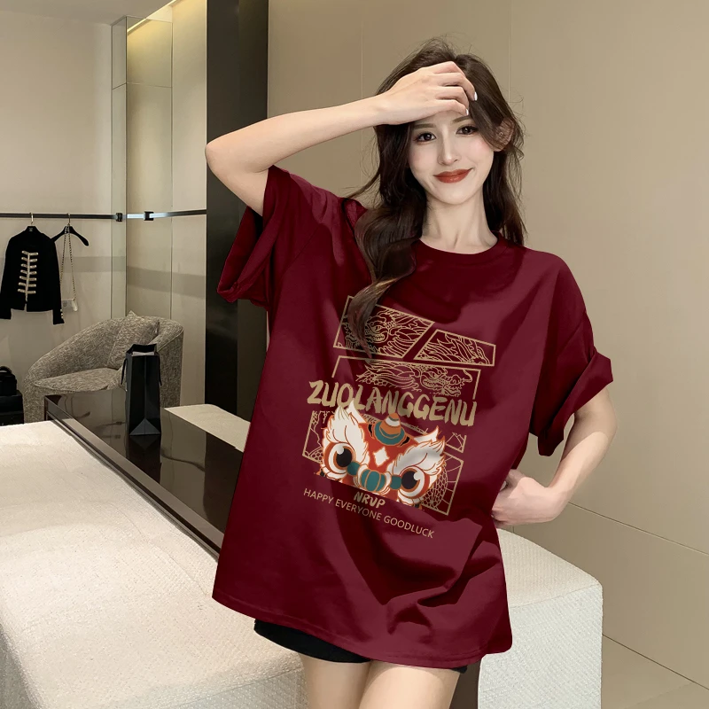 佐朗格奴/纯棉220克酒红复古创意上衣小众国潮圆领设计短袖T恤女