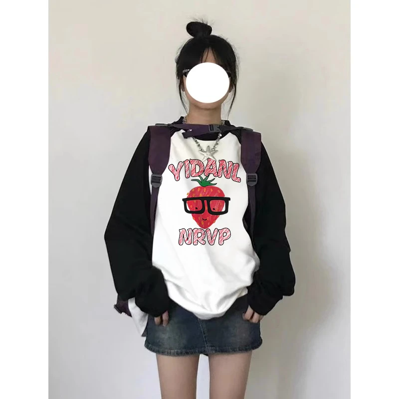 1011#美式复古长袖T恤女圆领印花插肩袖设计感宽松大码上衣ins潮