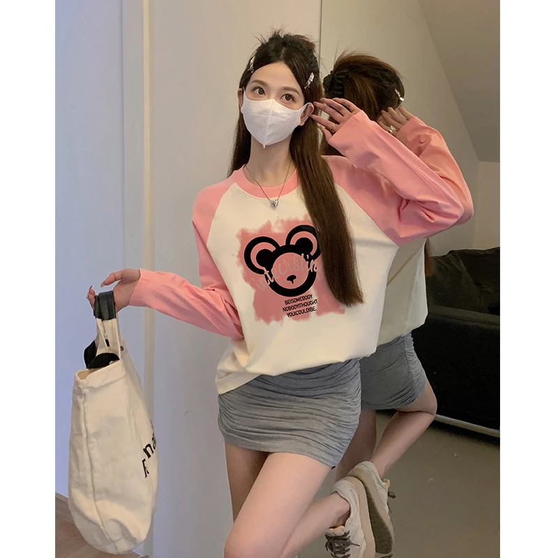 纯棉撞色卡通粉长袖t恤女春秋季韩版宽松小众插肩袖美式复古上衣