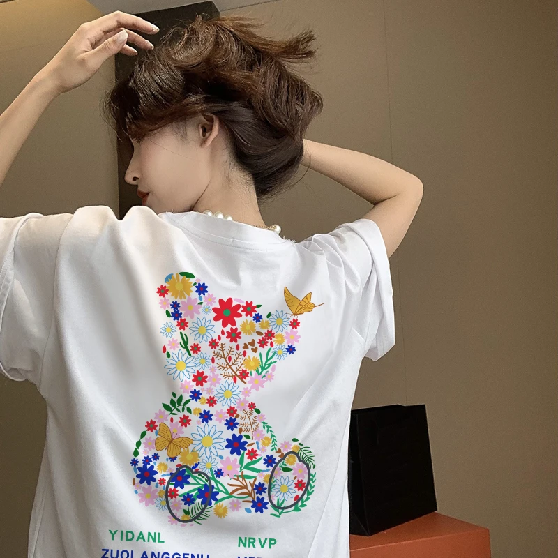 佐朗格奴/网红碎花熊纯棉短袖T恤女卡通印花休闲圆领夏季小众上衣