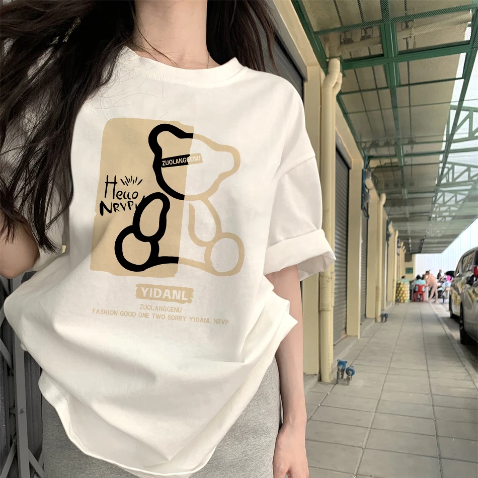 【秒杀款】美式复古正肩纯棉短袖t恤女夏季小众ins圆领印花半袖上衣