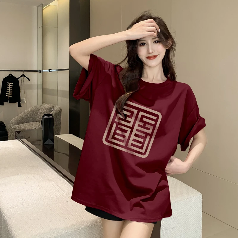 佐朗格奴/国潮洋气新年装酒红显白短袖t恤女龙年印花纯棉圆领上衣