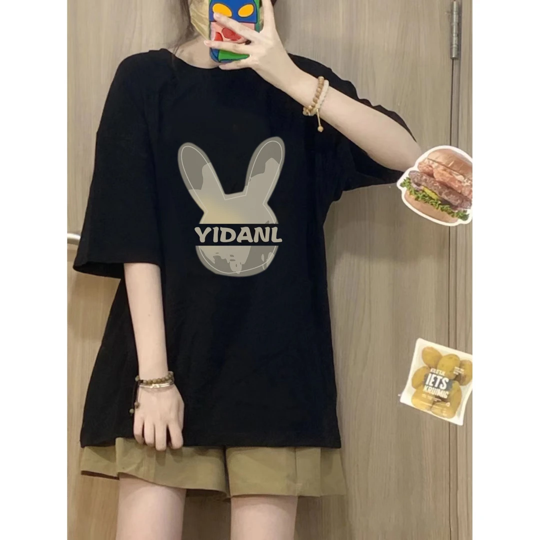 佐朗格奴/220克纯棉小众卡通兔子印花慵懒风短袖T恤女百搭上衣服